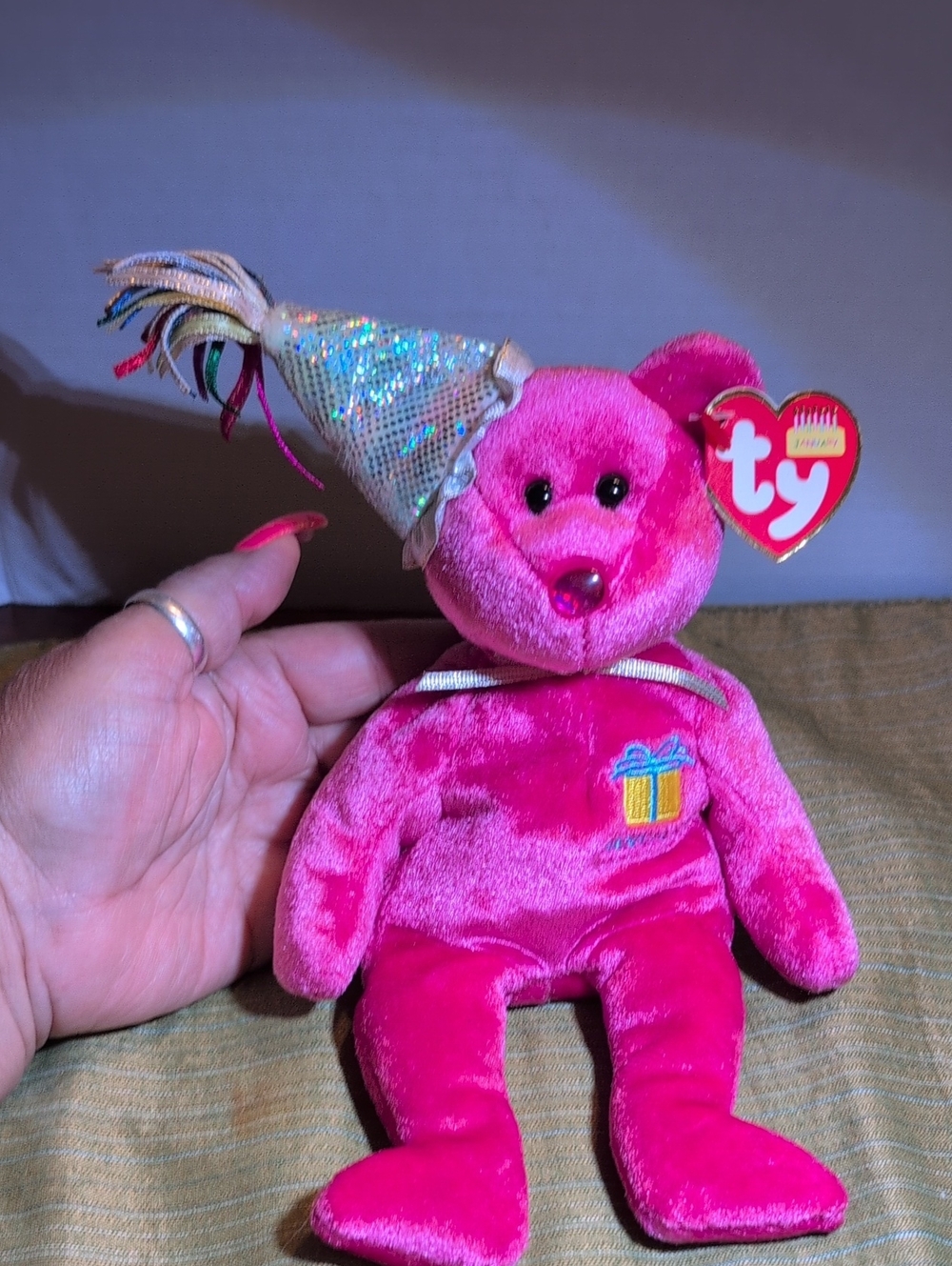 Vintage Ty Bright Pink Party January Bear Plush with Gift Patch